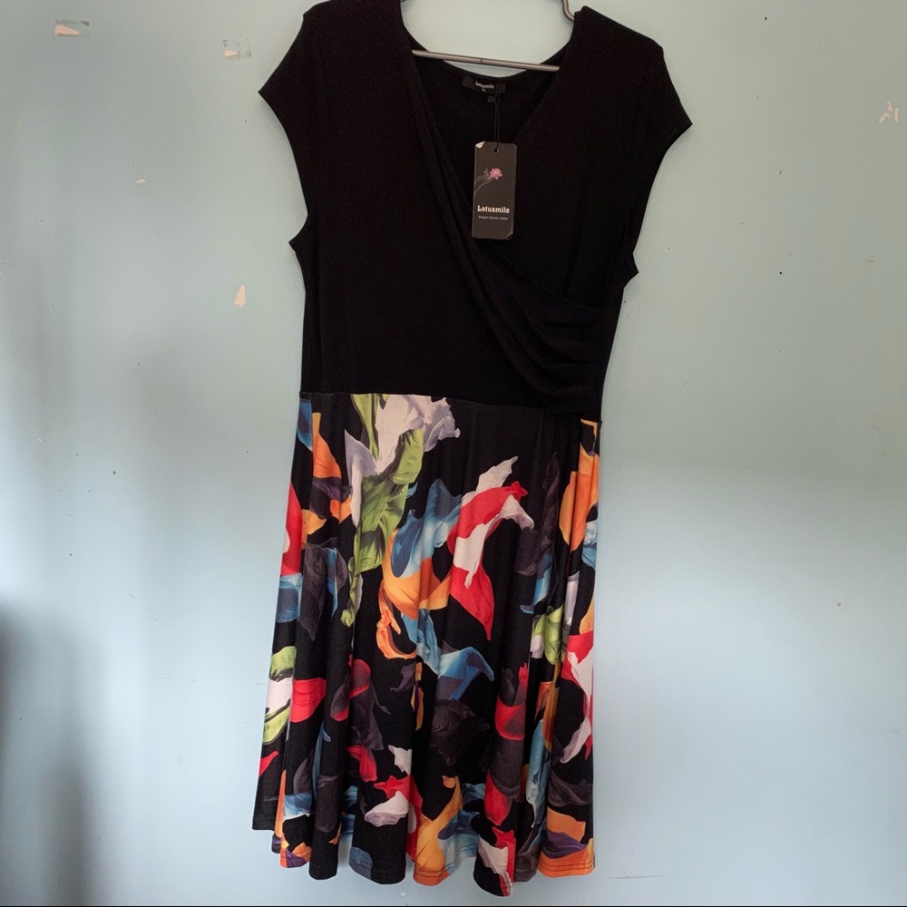 NWT Black Floral Faux Wrap Dress